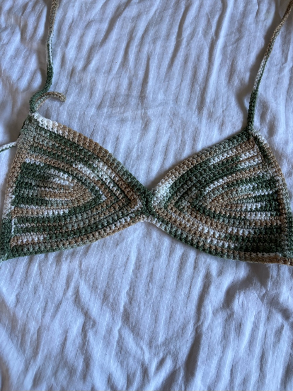 Crocheted Green & Cream Striped Bandeau Top